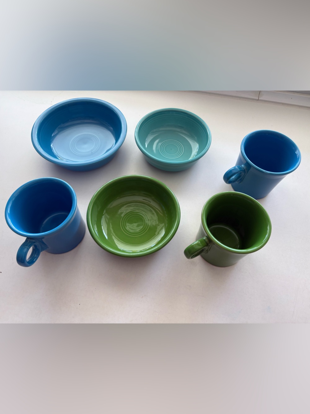 Vintage Fiesta set, blue and green bowls and mugs